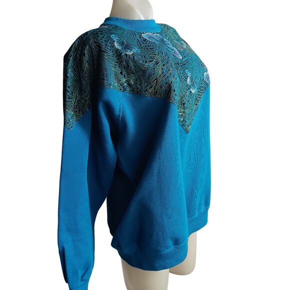 Vintage Hanes Activewear Teal Butterfly Print Sweatshirt Large 1990's Granny - Picture 6 of 7